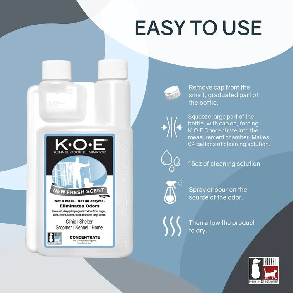 Serenzza Odorcide K.O.E Kennel Odor Eliminator Concentrate 16 oz bottle with label, designed for removing pet kennel odors.