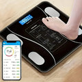 Serenzza smart digital scale with LED display showing weight measurement up to 400 lbs on sleek glass surface.