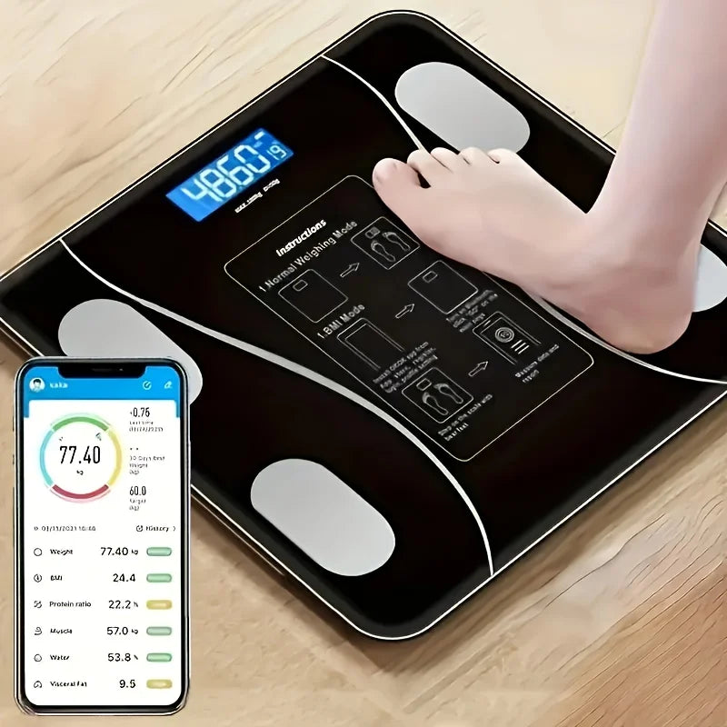 Serenzza smart digital scale with LED display showing weight measurement up to 400 lbs on sleek glass surface.