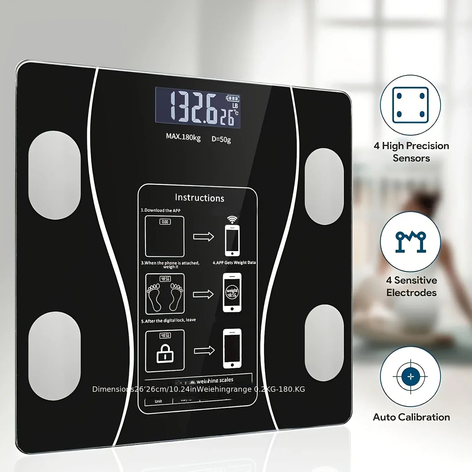 Serenzza digital smart scale with LED display showing weight measurement up to 400 lbs on a sleek surface