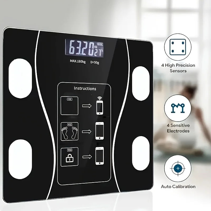 Serenza smart digital scale with LED display showing weight up to 400 lbs on sleek glass surface.