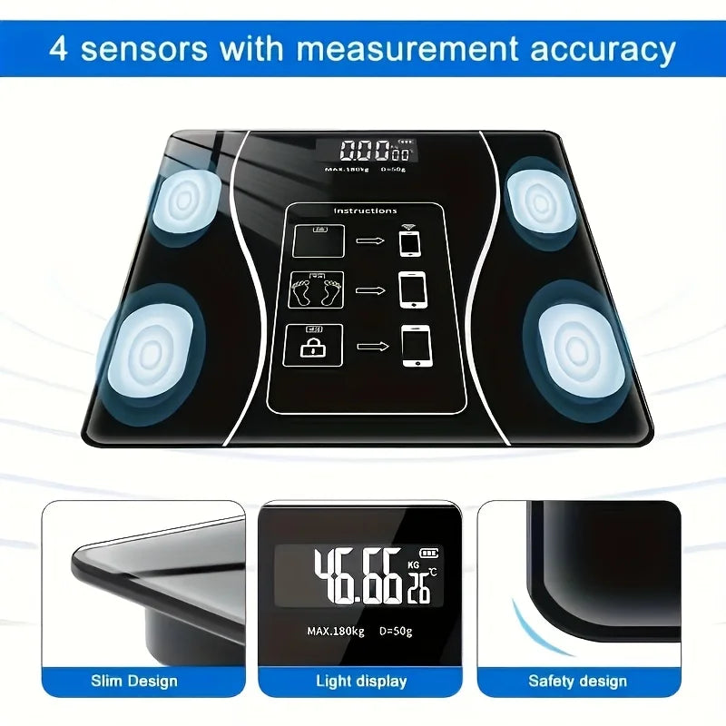 Serenzza smart digital scale with LED display showing weight up to 400 lbs, sleek black design for accurate body measurements.