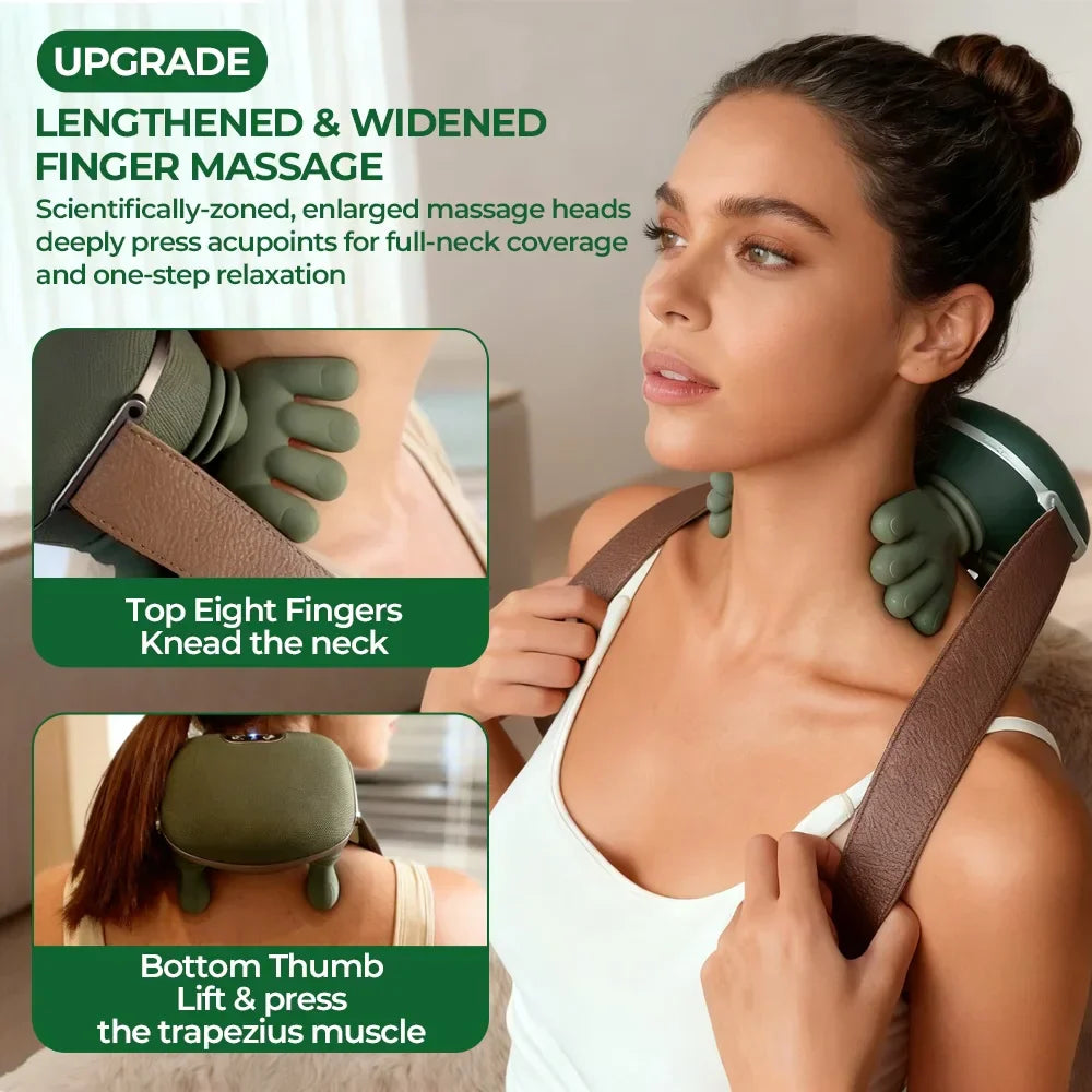 Serenzza wireless neck and shoulder massager with deep kneading, showing the device on a person's shoulders for muscle relief.