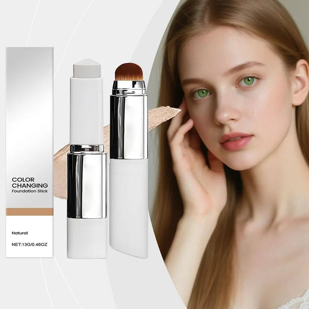 Serenza 2-in-1 color changing foundation and concealer stick with brush, lightweight and moisturizing facial makeup product.