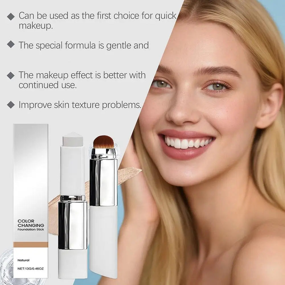 Serenzza 2-in-1 color changing foundation and concealer stick with brush, lightweight, moisturizing for natural skin coverage.