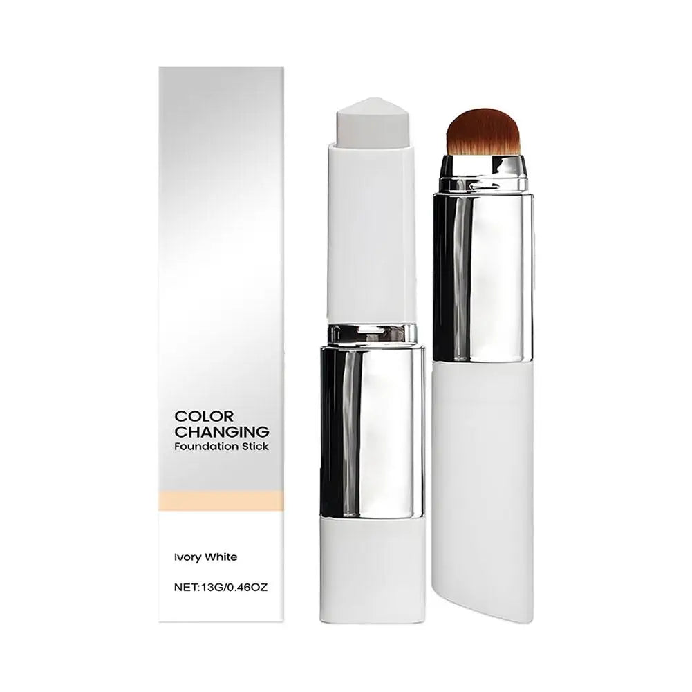 Serenza 2-in-1 color changing foundation and concealer stick with brush, lightweight and moisturizing for smooth skin.
