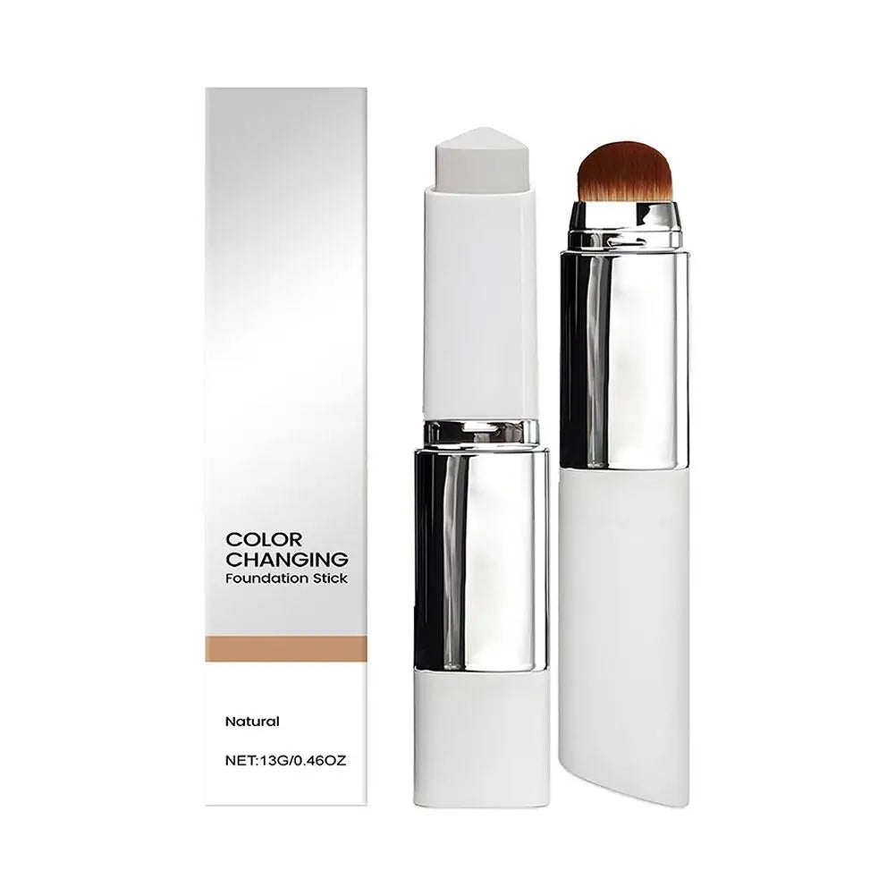Serenzza 2-in-1 color changing foundation and concealer stick with brush, lightweight and moisturizing for smooth skin.