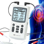 Serenzza 4-in-1 electric muscle stimulator device with interferential, high-frequency, TENS, and pulse electrotherapy functions.