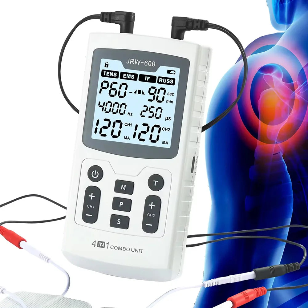 Serenzza 4-in-1 electric muscle stimulator device with interferential, high-frequency, TENS, and pulse electrotherapy functions.