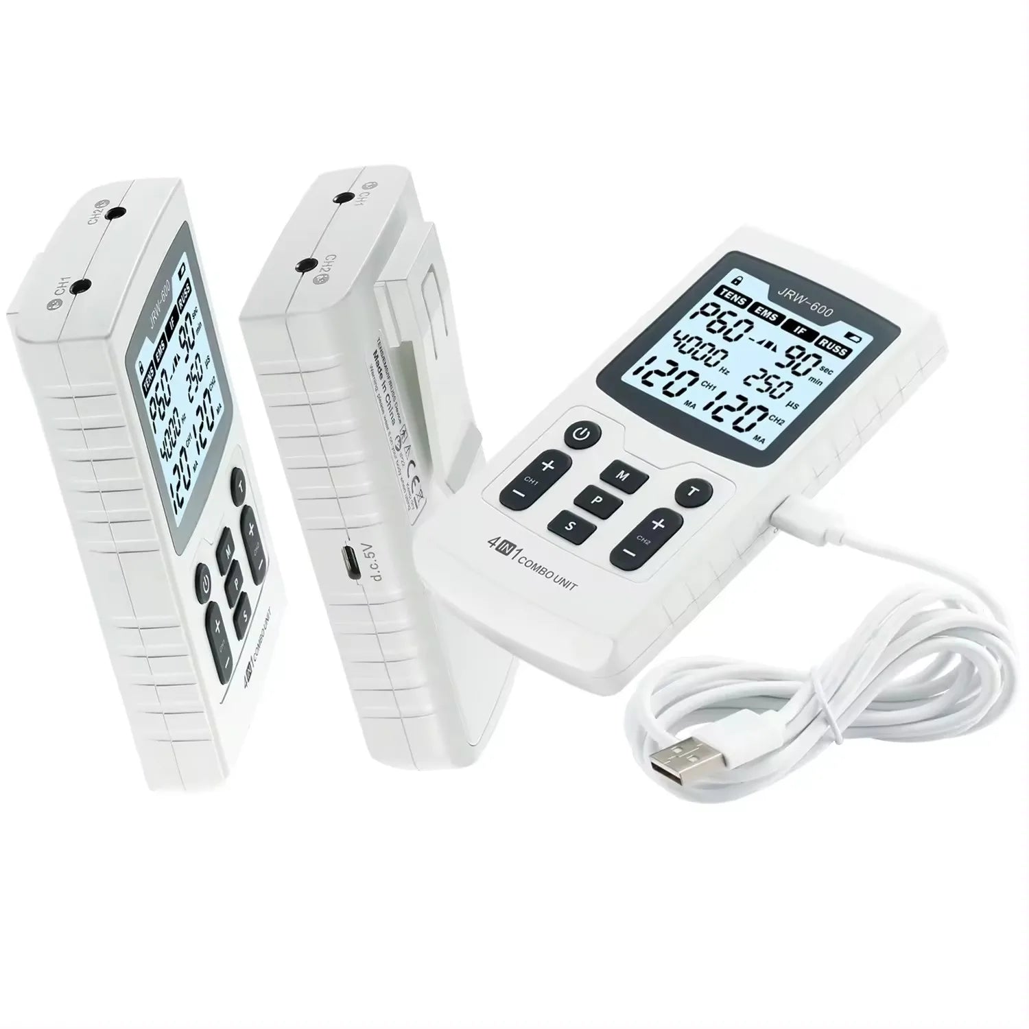 Serenzza 4-in-1 electric muscle stimulator device with interferential, TENS, and physiotherapy electrode pads on a white background.