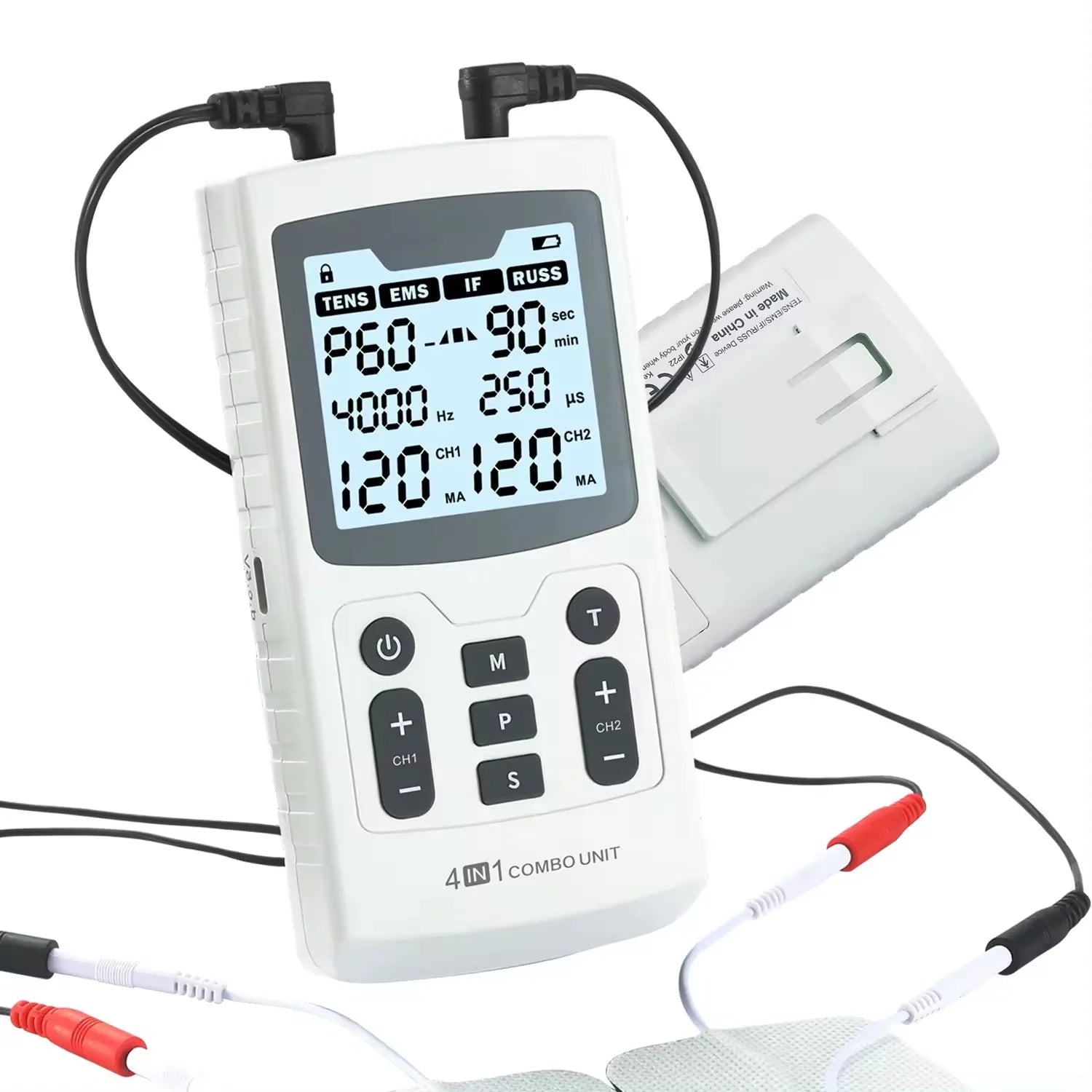 Serenzza 4-in-1 electric muscle stimulator with interferential, TENS, and physiotherapy functions, showing device with control panel.