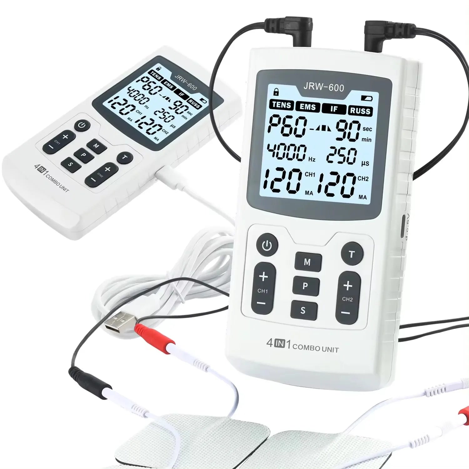 Serenzza 4-in-1 electric muscle stimulator device with interferential, TENS, and pulse therapy functions for physiotherapy treatment.