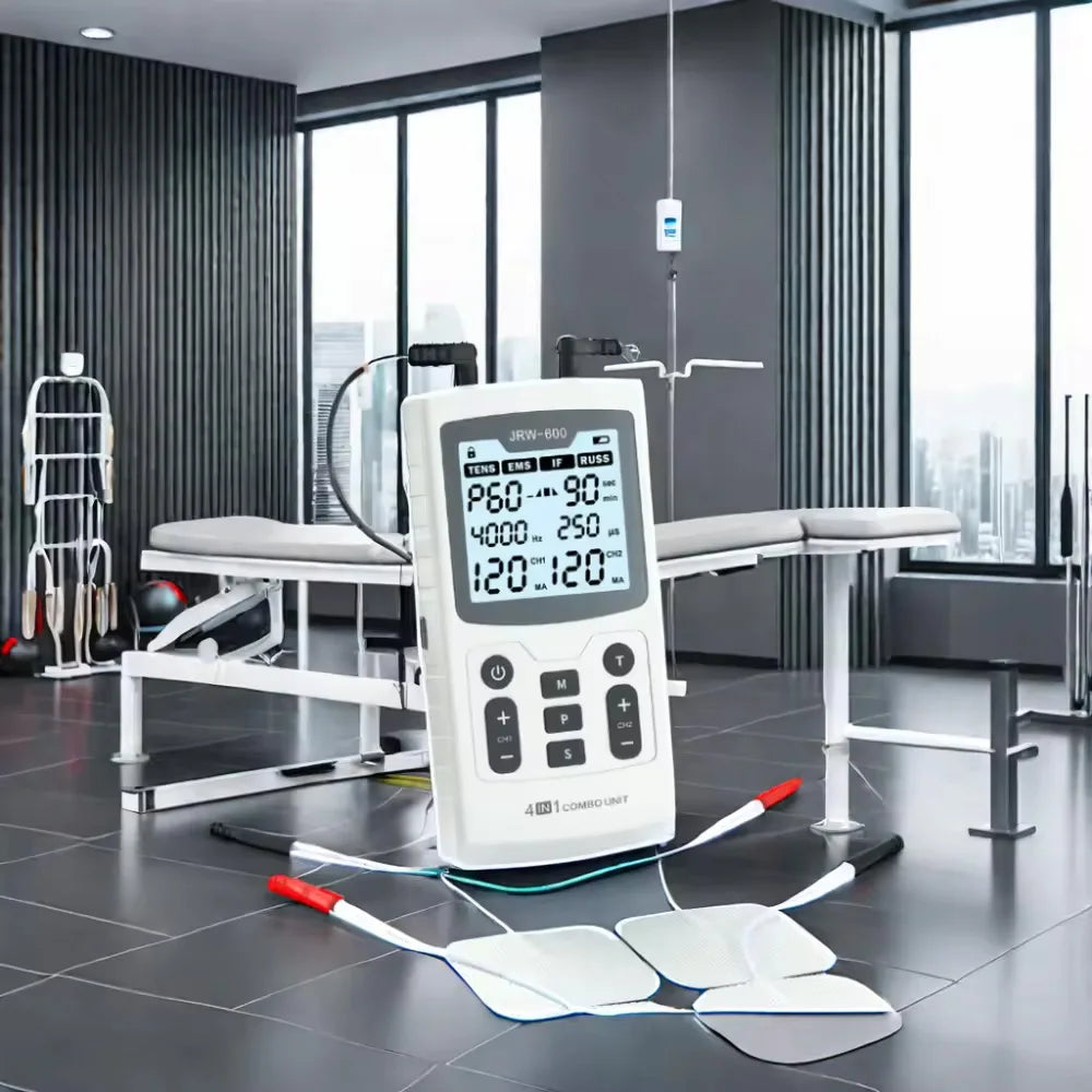 Serenzza 4-in-1 electric muscle stimulator with interferential, TENS, and physiotherapy device with electrode pads and control panel.