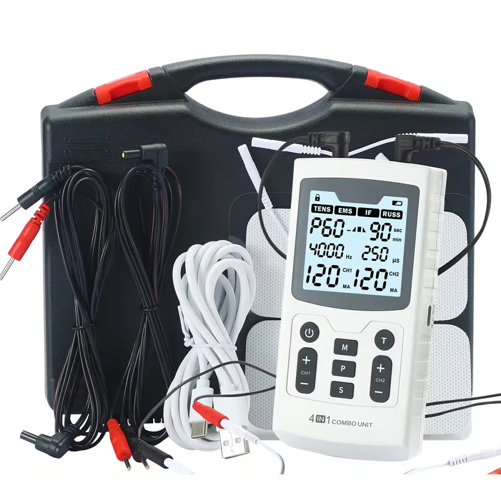 Serenzza 4-in-1 electric muscle stimulator device with interferential, TENS, and physiotherapy functions, featuring high-frequency pulse technology.