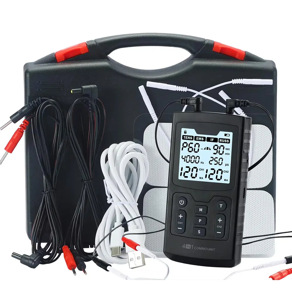 Serenzza 4-in-1 electric muscle stimulator device with interferential, TENS, high-frequency physiotherapy and pulse electrotherapy.