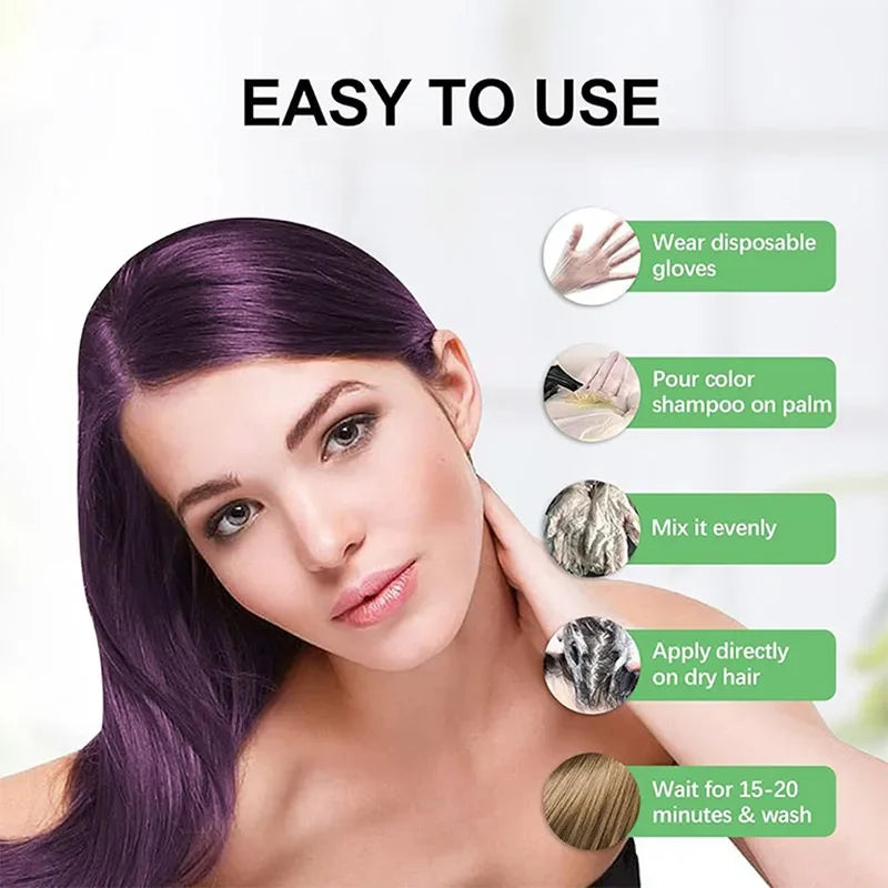 Serenzza black hair dye shampoo in a creamy formula, moisturizing and repairing for men and women, available in 5 vibrant colors.