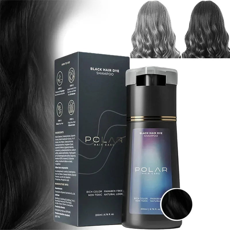 Serenza 5-color hair dye shampoo in black with moisturizing and repairing cream for men and women, featuring a smooth, creamy texture.