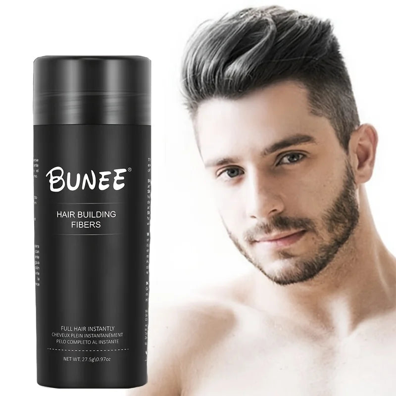 Serenzza BUNEE Hair Fibers 27.5g natural thickening powder for thinning hair, showing the product container and fibers.