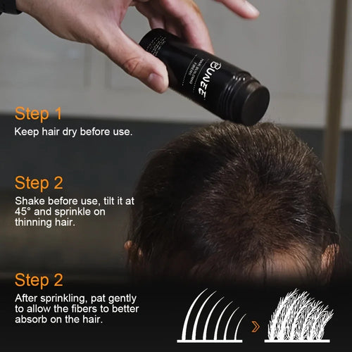 Serenzza BUNEE Hair Fibers in 27.5g bottle, natural thickening powder for thinning hair, shown in a close-up shot.
