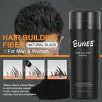 Serenzza BUNEE Hair Fibers 27.5g natural thickening powder for thinning hair, shown in a container with application.