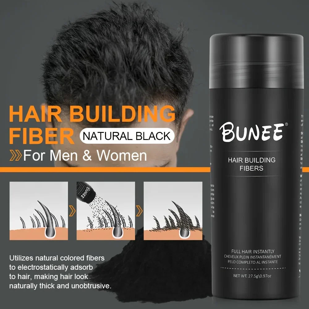 Serenzza BUNEE Hair Fibers 27.5g natural thickening powder for thinning hair, shown in a container with application.