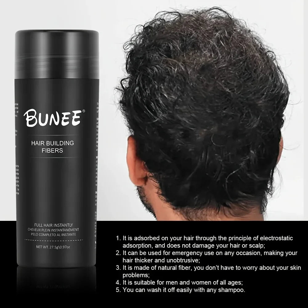 Serenzza BUNEE Hair Fibers 27.5g natural thickening powder for thinning hair in a small jar with a scoop