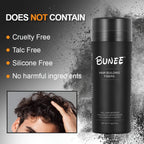 Serenzza BUNEE Hair Fibers 27.5g natural thickening powder for thinning hair, showing the product container and fibers.