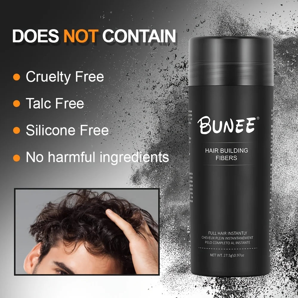 Serenzza BUNEE Hair Fibers 27.5g natural thickening powder for thinning hair, showing the product container and fibers.