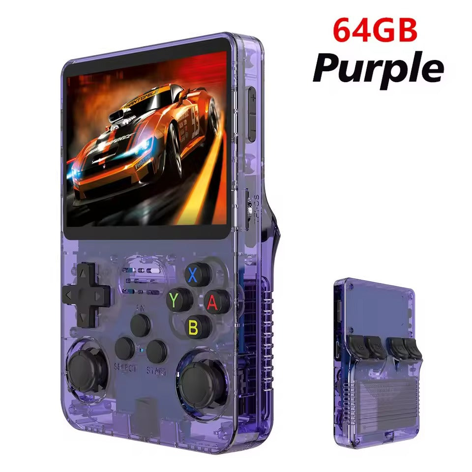 Serenzza Retro Pro R36S handheld console with 3.5-inch IPS screen, 64GB storage, and preloaded games in a sleek design
