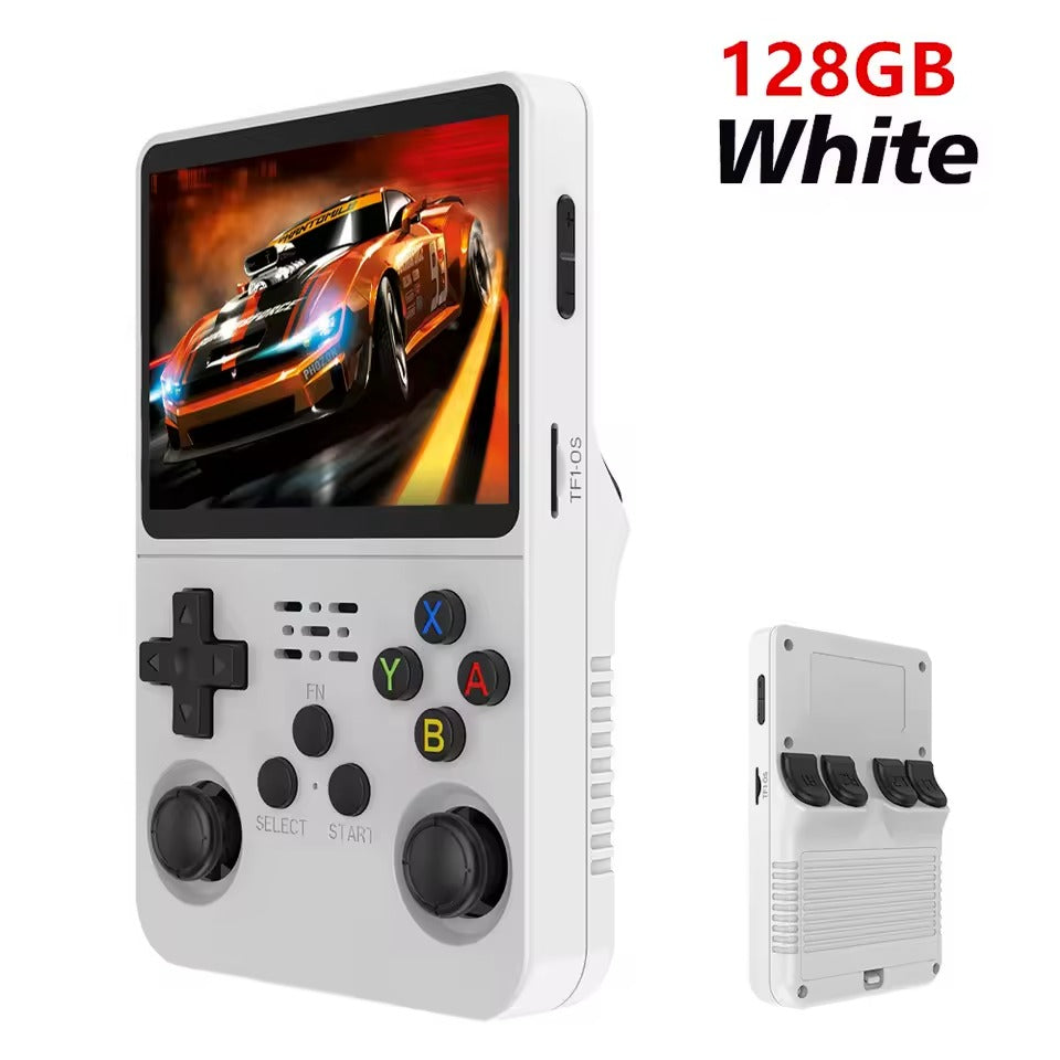 Serenzza Retro Pro R36S handheld console with 3.5-inch IPS display, 128GB storage, and preloaded classic games in a sleek design.