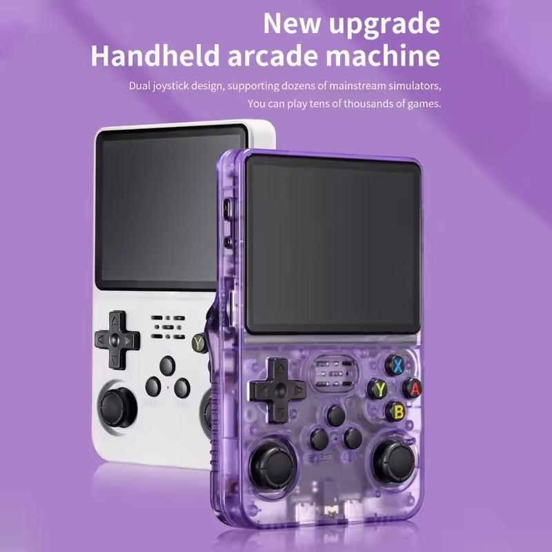 Serenzza Retro Pro R36S handheld console with 3.5-inch IPS screen, 64GB storage, preloaded games, black design
