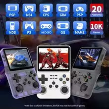Serenzza Retro Pro R36S handheld gaming console with 3.5-inch IPS screen, preloaded games, 64GB storage on a white background.
