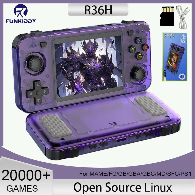 Serenzza R36H handheld game console with 3.5-inch screen, 64GB storage, open source, and retro design for portable gaming.