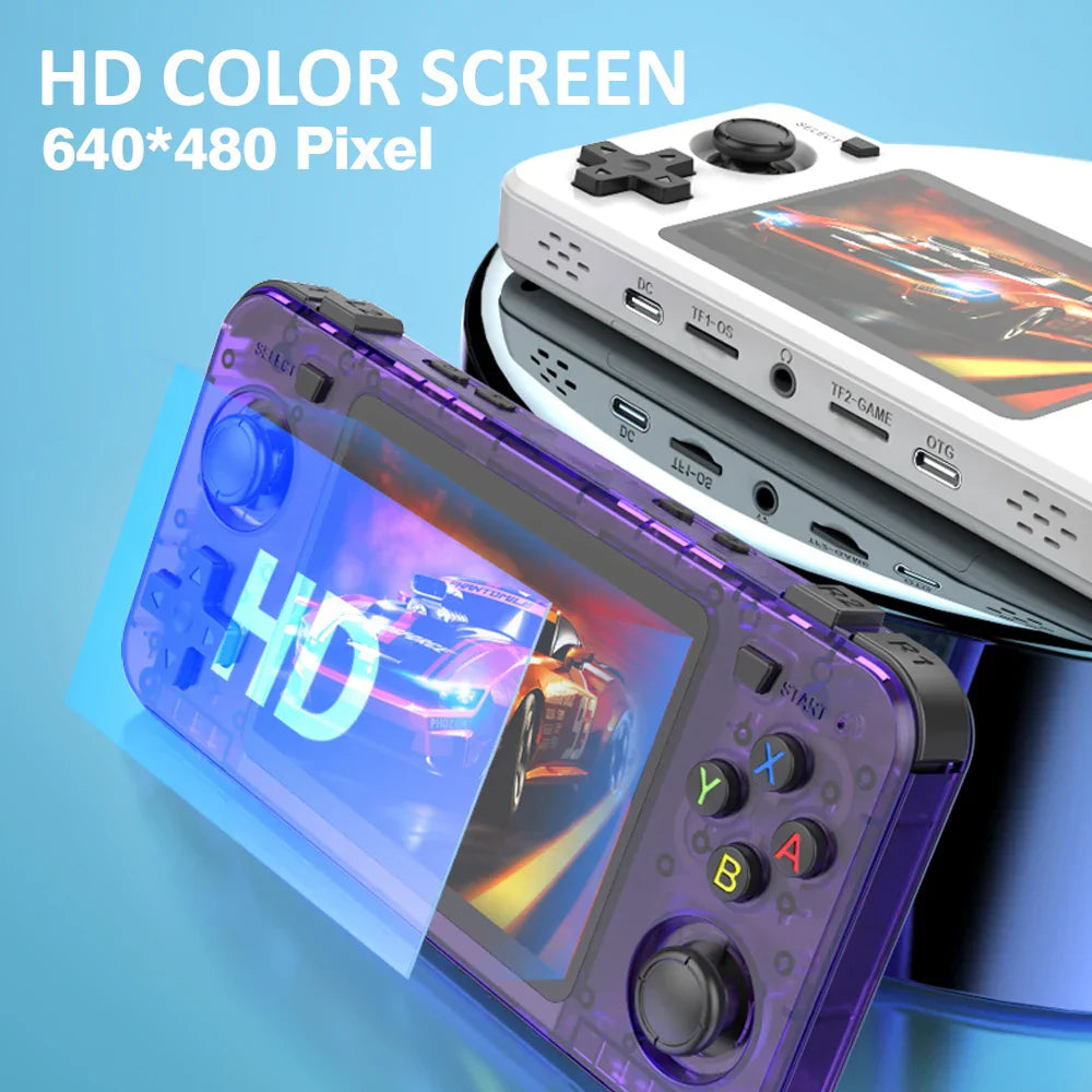 Serenzza R36H handheld game console with 3.5-inch screen, open source design, 64GB storage, portable pocket video player, black