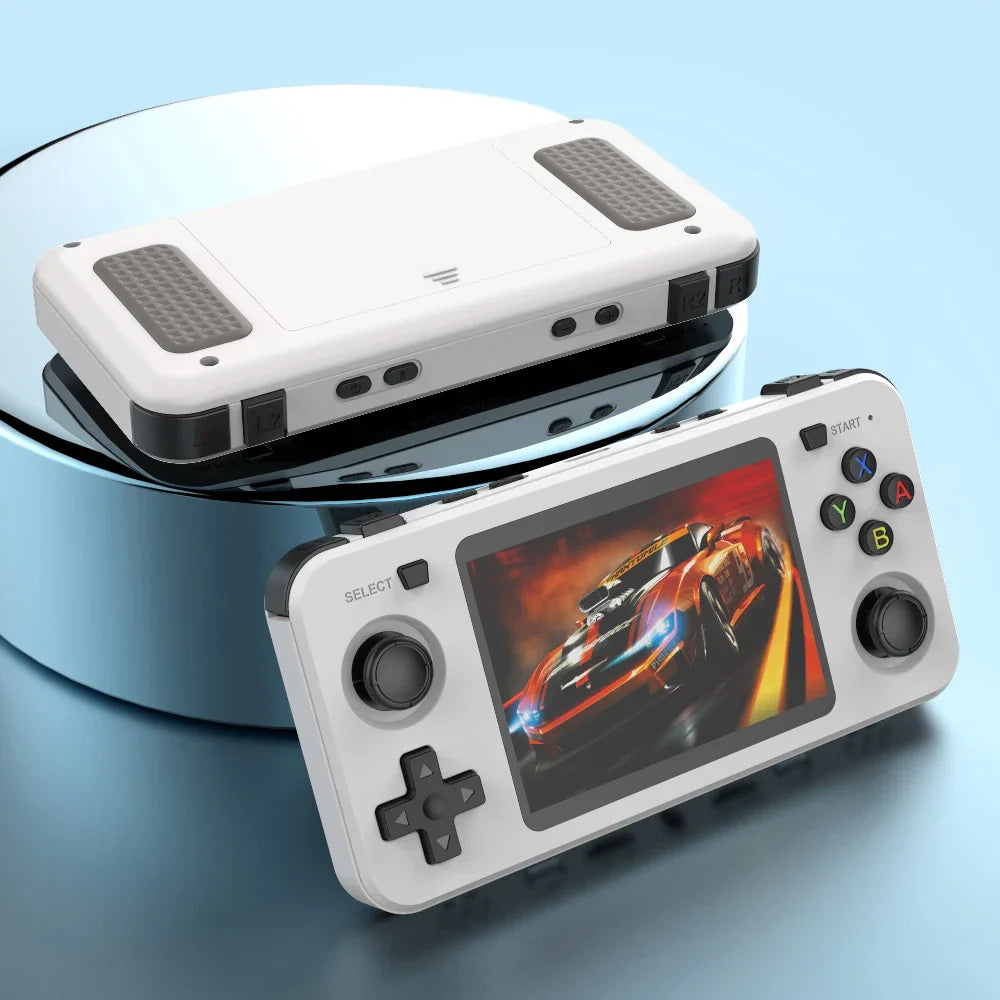 Serenzza R36H handheld game console with 3.5-inch screen, 64GB storage, retro design, portable video player, open source gaming device.