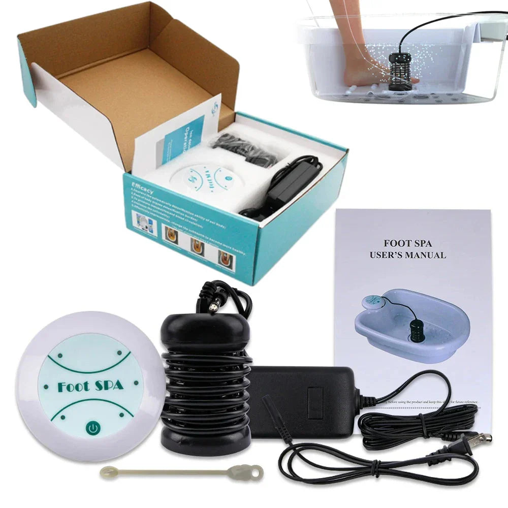 Serenzza Ionic foot spa machine with relaxing massage and pedicure features, shown with water basin and control panel.