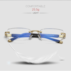 A pair of Arenzza sapphire-hard blue light reading glasses with anti-blue light lenses for far and near vision clarity.