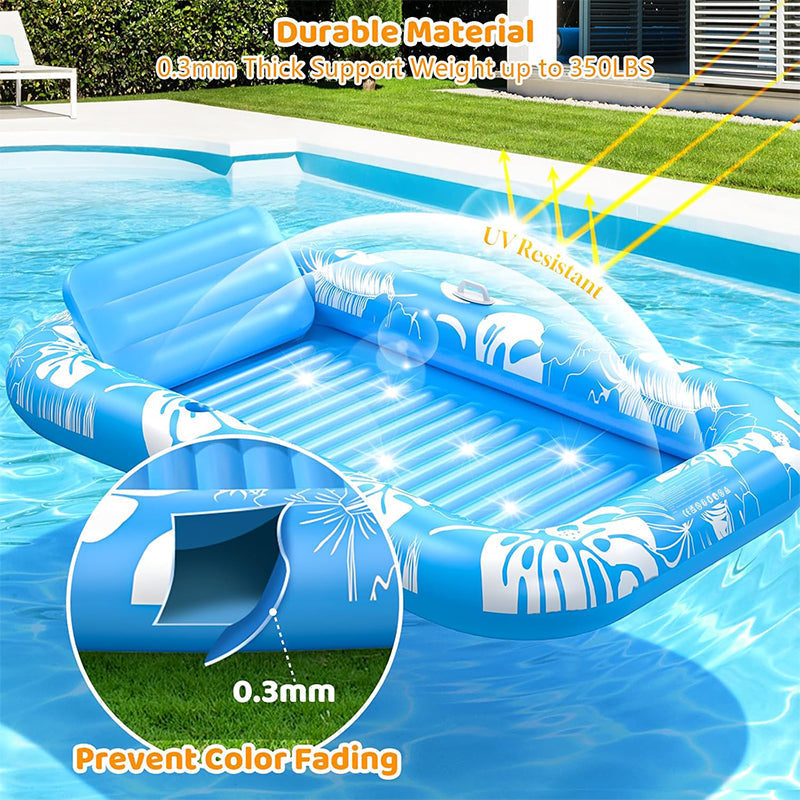 Arenzza inflatable tanning pool lounger with detachable pillow, cup holders, safety handles, designed for two adults, outdoor use.