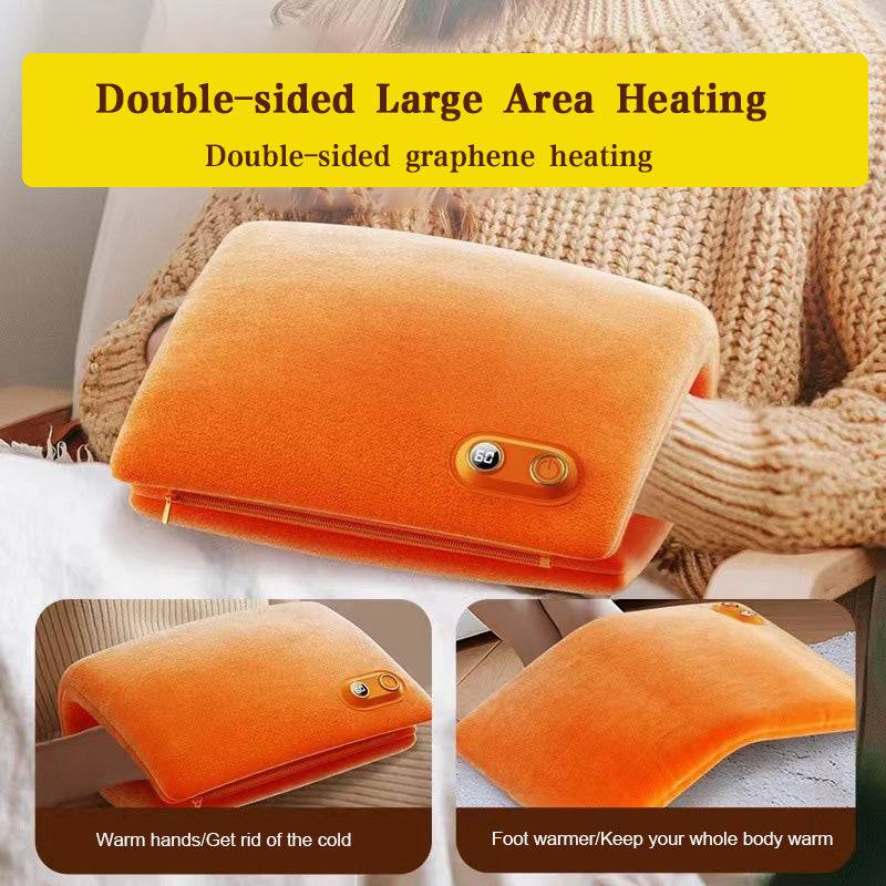 Arenzza graphene USB rechargeable hand warmer with digital display, showing rapid heating and double-sided warmth for winter use.