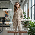 Aarenza women's elegant blazer and wide-leg pants suit set featuring a tie waist, displayed on a hangar.
