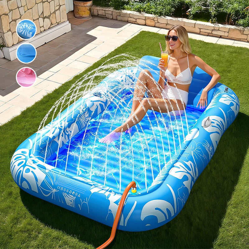 Arenzza inflatable tanning pool lounger with cup holders, safety handles, detachable pillow, designed for two adults in garden or beach setting.