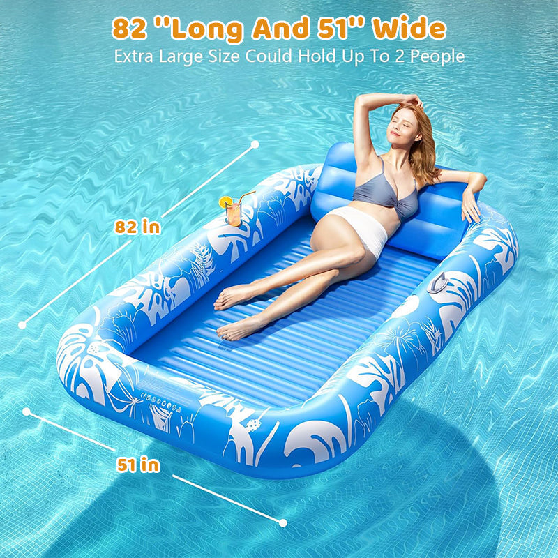 Arenzza inflatable tanning pool lounger with detachable pillow, cup holders, safety handles, designed for two adults, outdoor use.