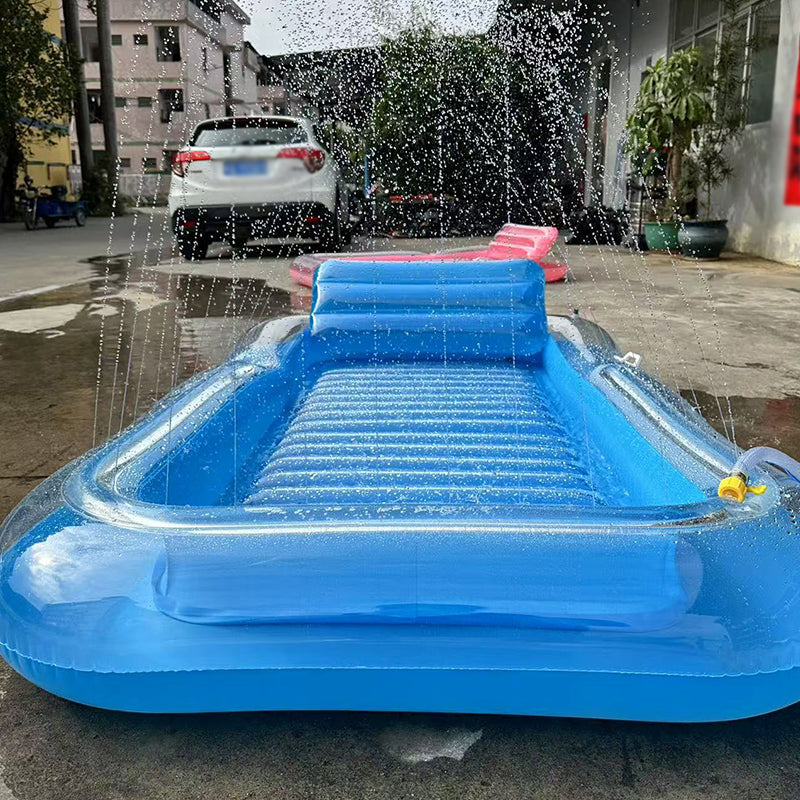 Arenzza inflatable tanning pool lounger with detachable pillow, cup holders, safety handles, designed for two adults outdoors.