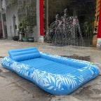 Inflatable tanning pool lounger with detachable pillow, cup holders, and safety handles, suitable for two adults, by Arenzza.