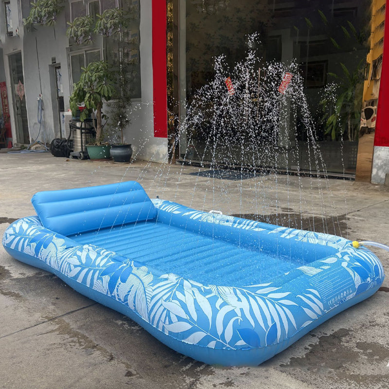 Inflatable tanning pool lounger with detachable pillow, cup holders, and safety handles, suitable for two adults, by Arenzza.