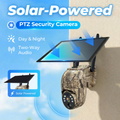 Arenzza 4MP solar PTZ security camera with 355° pan and tilt, built-in battery, two-way talk, and weatherproof design.