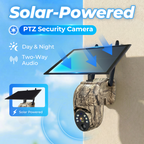 Arenzza 4MP solar PTZ security camera with 355° pan and tilt, built-in battery, two-way talk, and weatherproof design.
