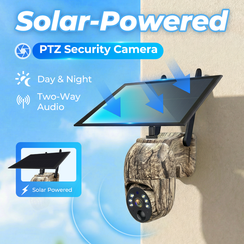 Arenzza 4MP solar PTZ security camera with 355° pan and tilt, built-in battery, two-way talk, and weatherproof design.