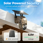 Arenzza 4MP solar PTZ camera with 355° pan and tilt, built-in battery, weatherproof design, two-way talk, and instant alerts.