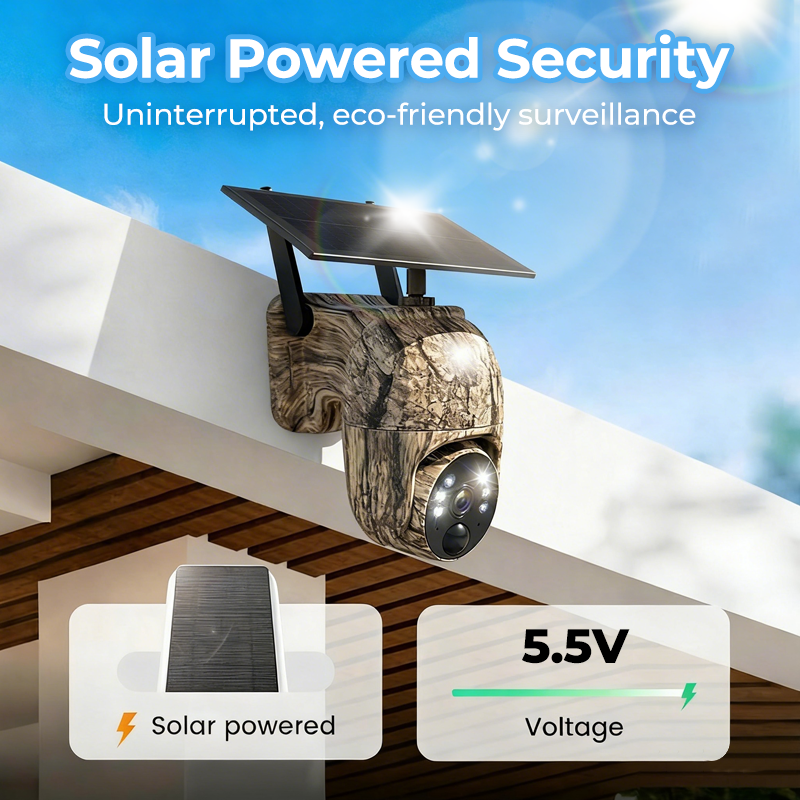 Arenzza 4MP solar PTZ camera with 355° pan and tilt, built-in battery, weatherproof design, two-way talk, and instant alerts.